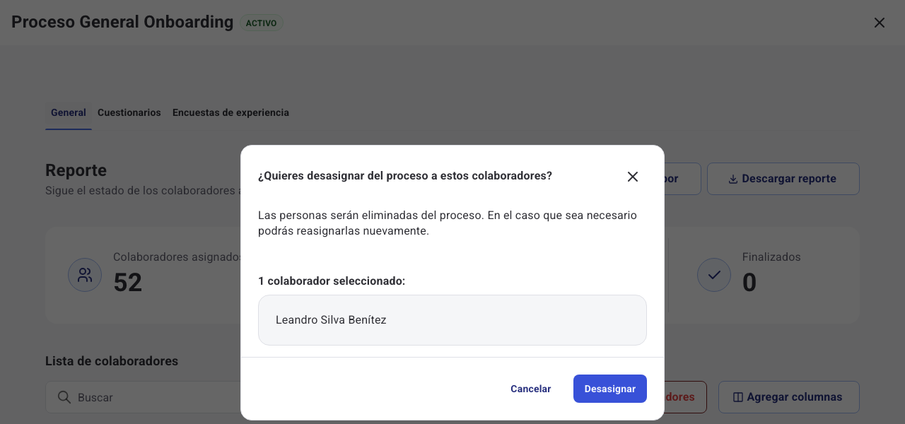 Confirmación para desasignar del proceso a los colaboradores seleccionados