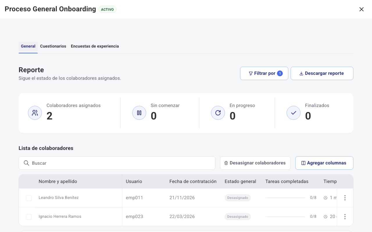 Filtro por estado Desasignado en la lista de colaboradores