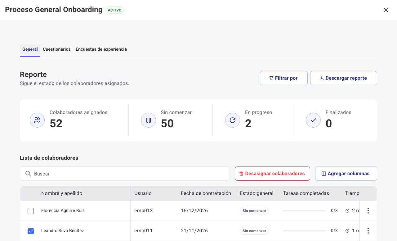 Selección de colaboradores en el Dashboard del proceso de Onboarding