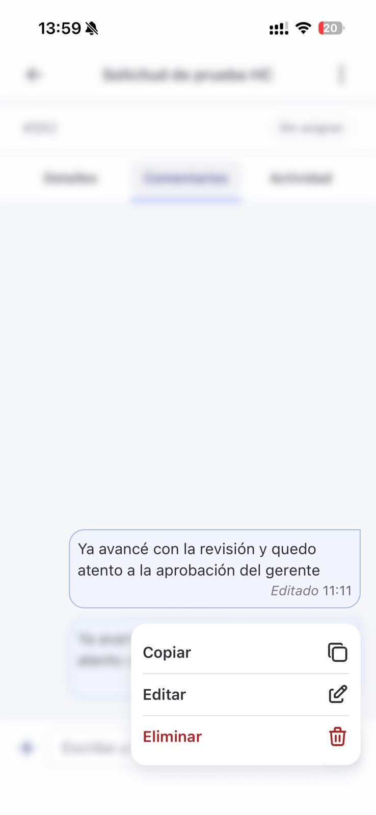 Menú de opciones de un comentario propio en la app, con Copiar, Editar y Eliminar