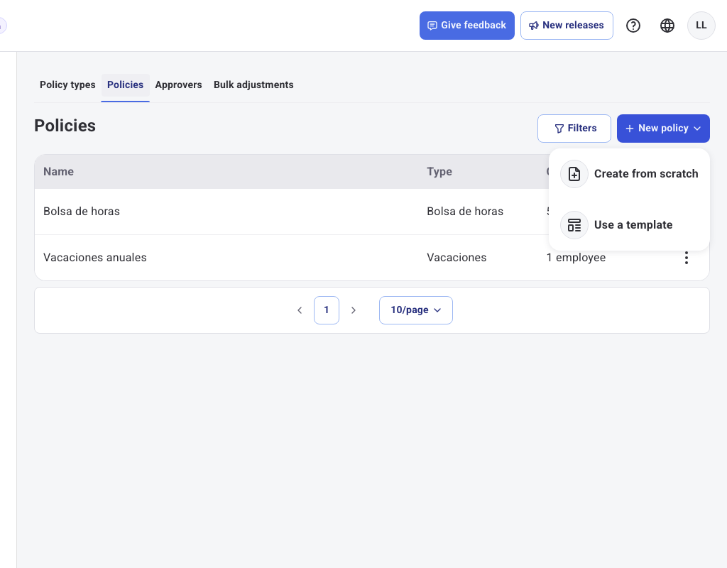 New policy button menu with the options Create from scratch and Use a template