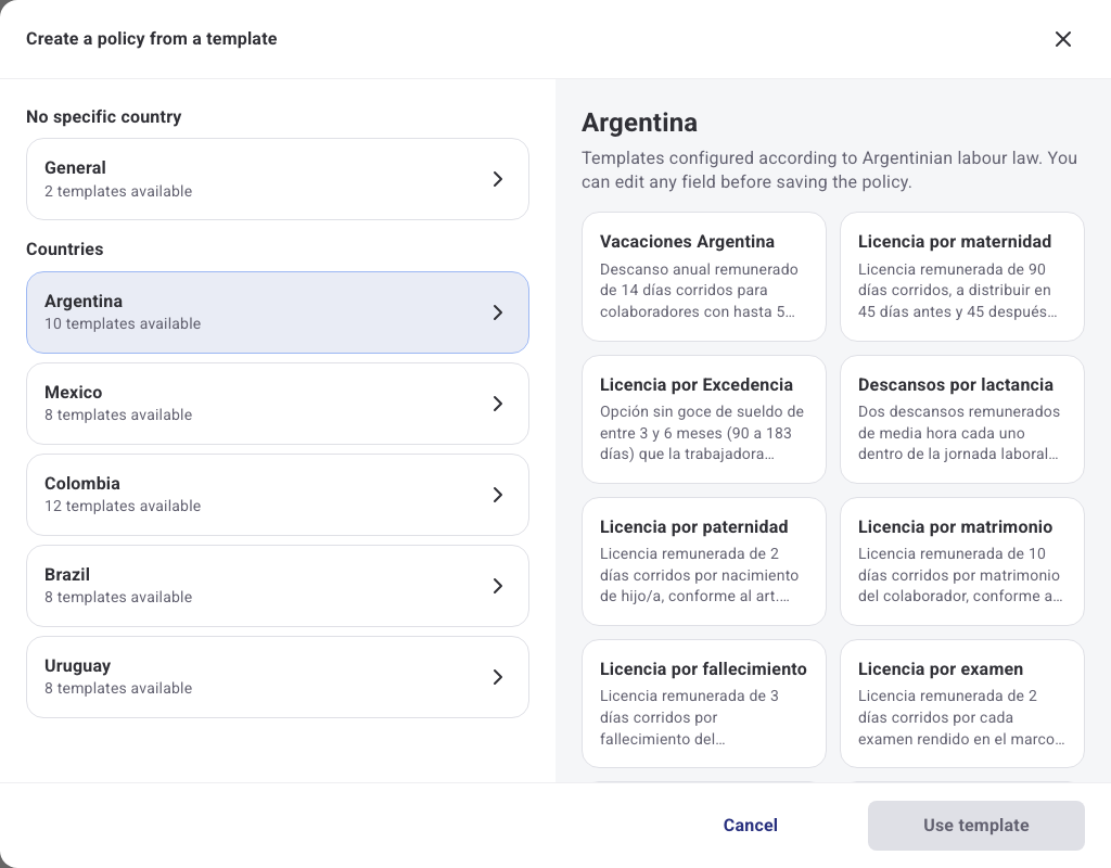 Template picker with the Argentina category and its available policies