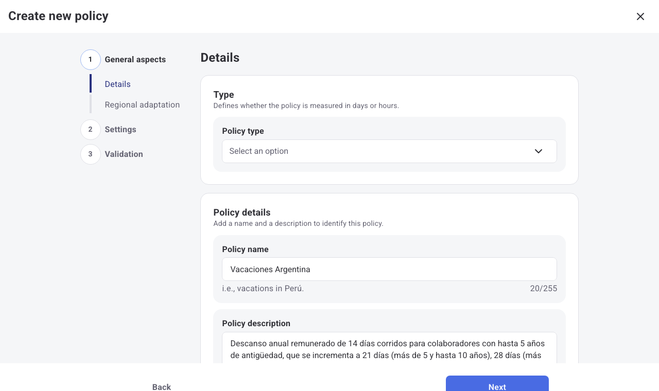 Pre-filled policy form with the name Vacaciones Argentina and its description