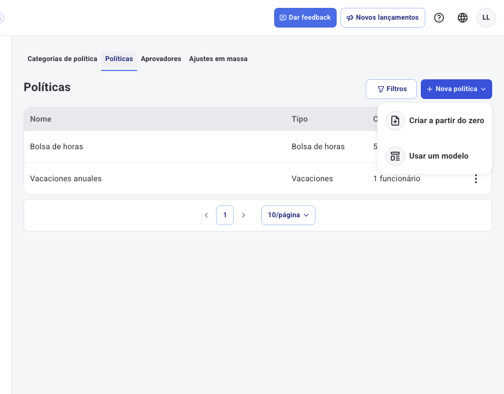 Menu do botão Nova política com as opções Criar a partir do zero e Usar um modelo