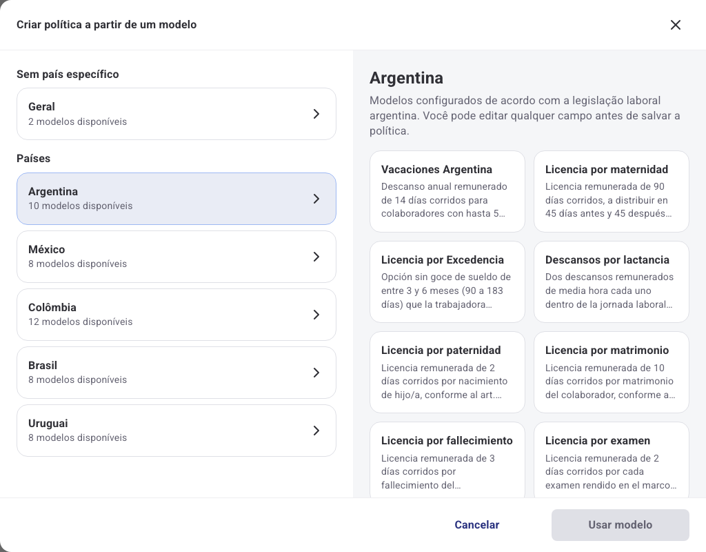Seletor de modelos com a categoria Argentina e suas políticas disponíveis