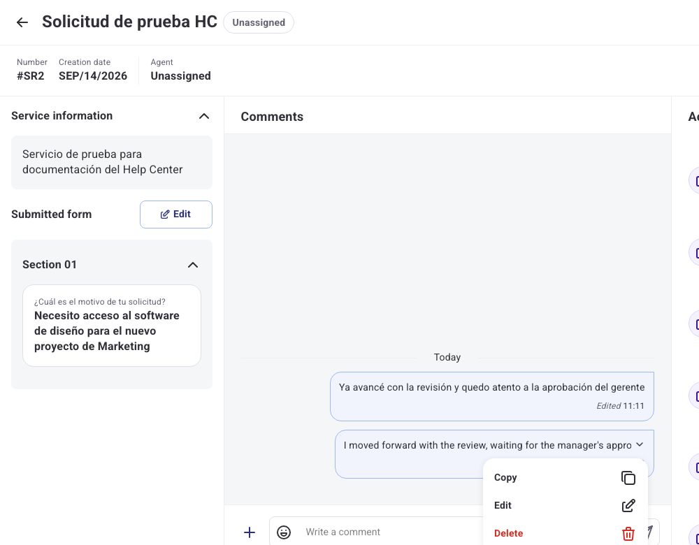 Options menu of your own comment, with Copy, Edit and Delete