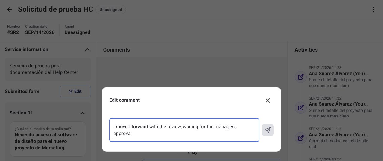 Edit comment window with the current text already loaded