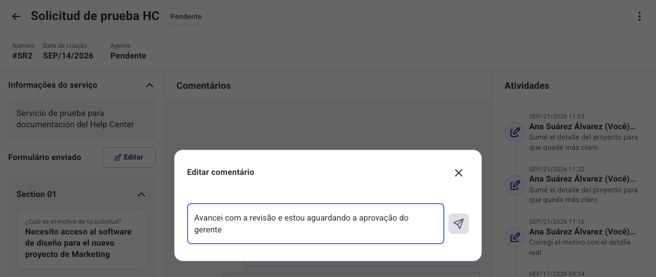Janela Editar comentário com o texto atual já carregado