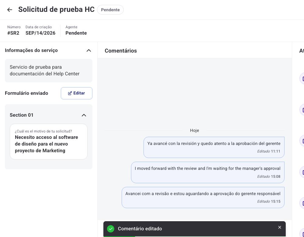 Comentário editado, marcado como Editado ao lado do horário
