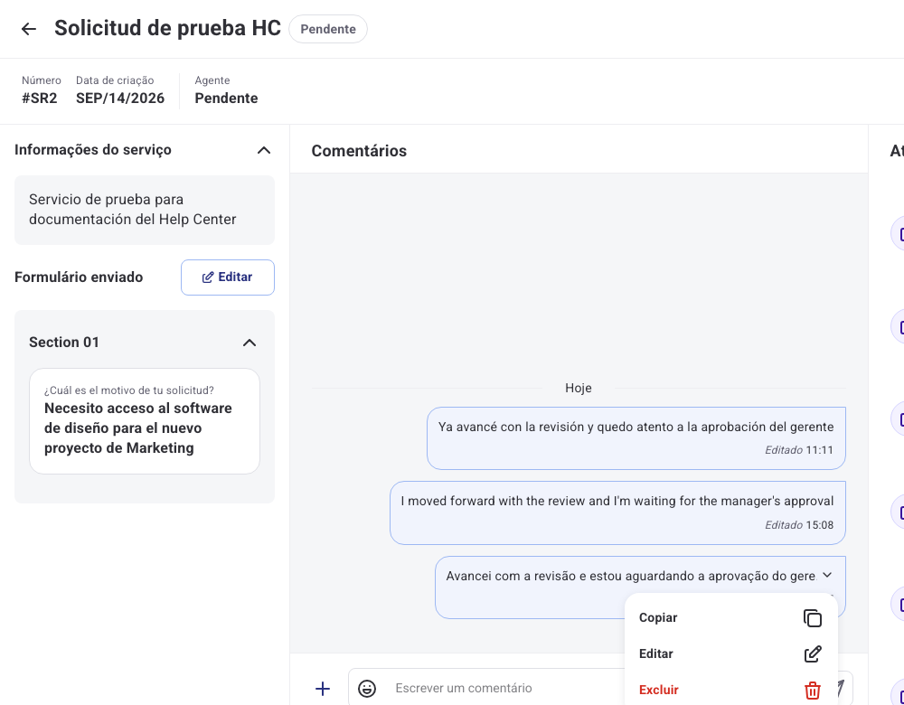 Menu de opções de um comentário próprio, com Copiar, Editar e Excluir