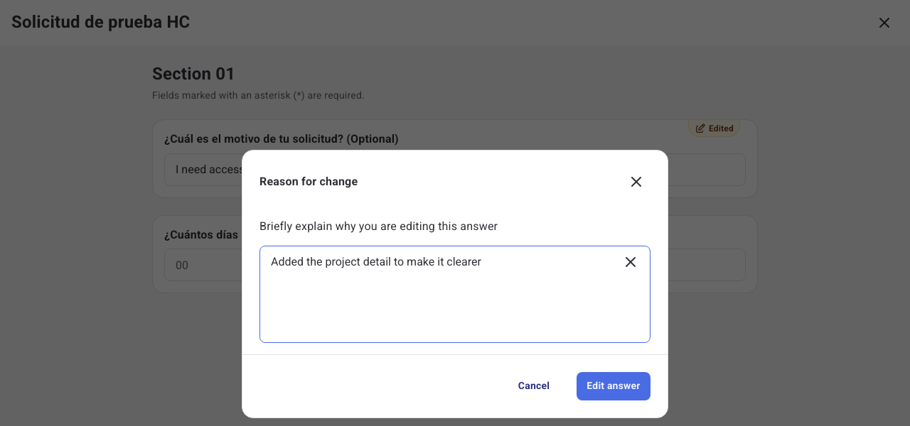 Reason for change modal with the justification field completed