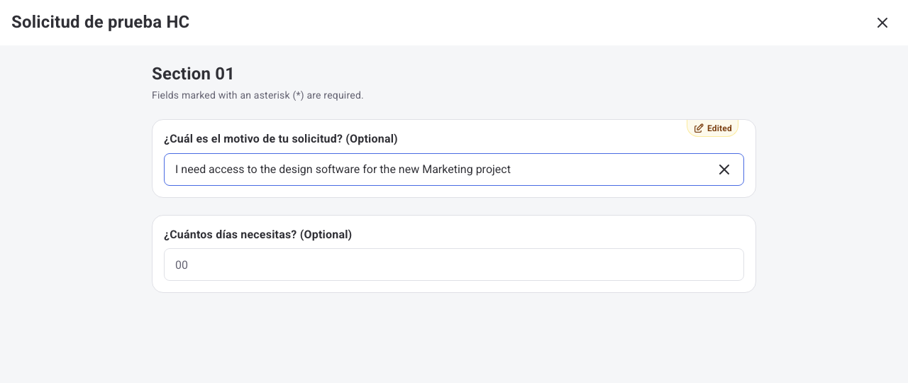 Form in edit mode with the request's reason changed