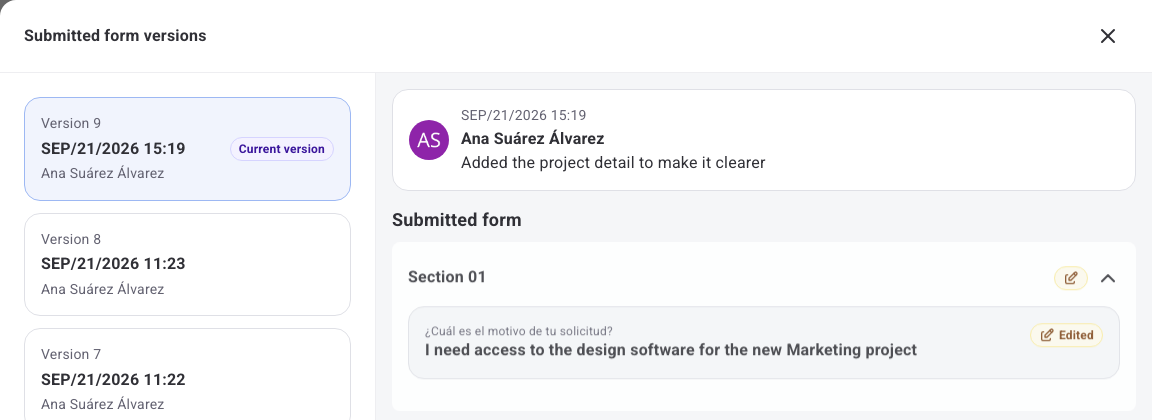 Submitted form versions panel showing the current version and the original version