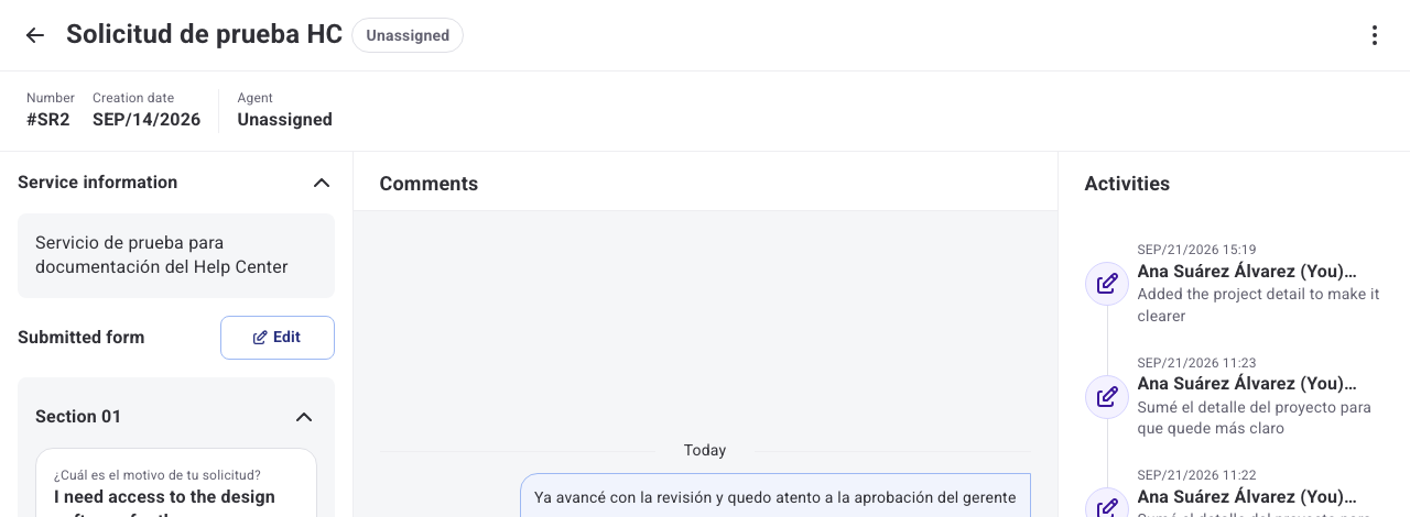 Request detail with the edit logged in the Activity section