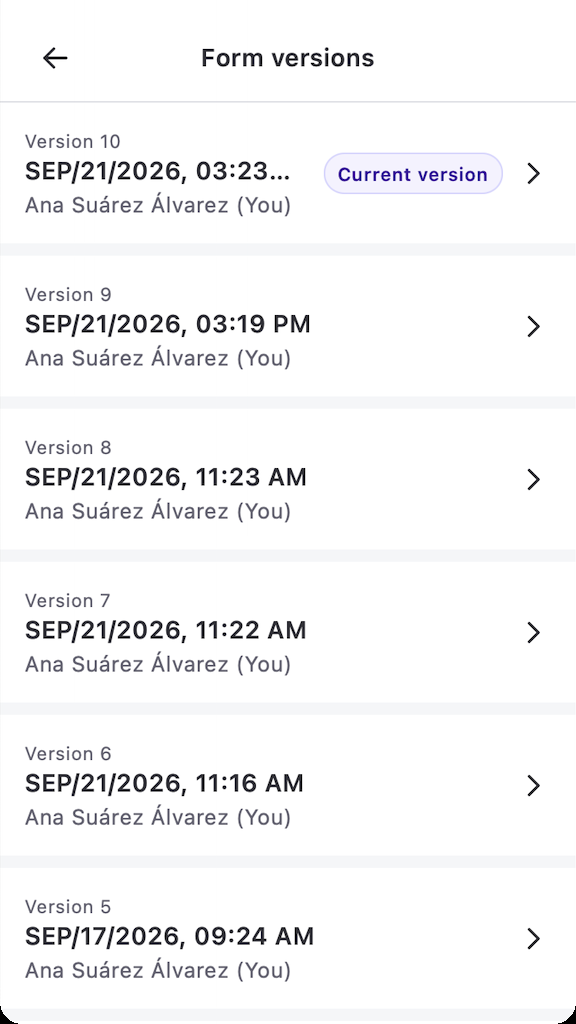 Submitted form versions panel showing the current version and earlier versions