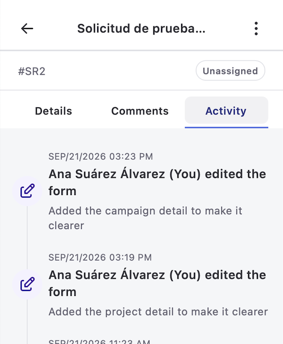 Request detail with the edit logged in the Activity section