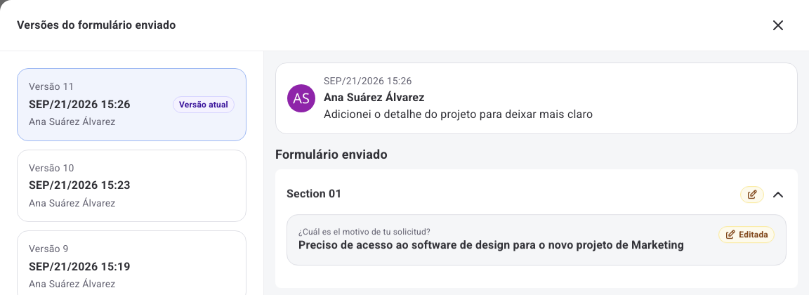 Painel de versões do formulário enviado mostrando a versão atual e a versão original