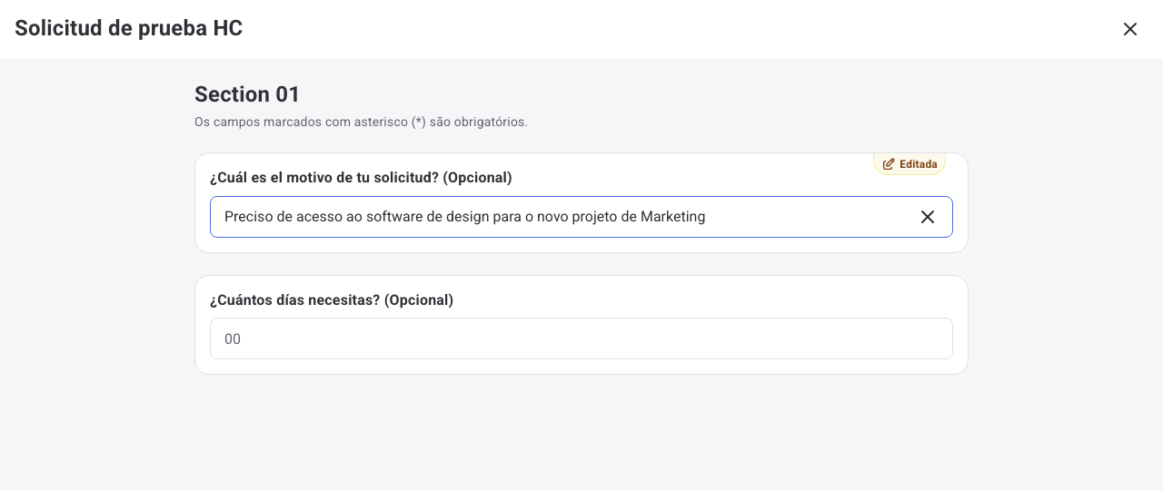 Formulário em modo de edição com o motivo da solicitação alterado