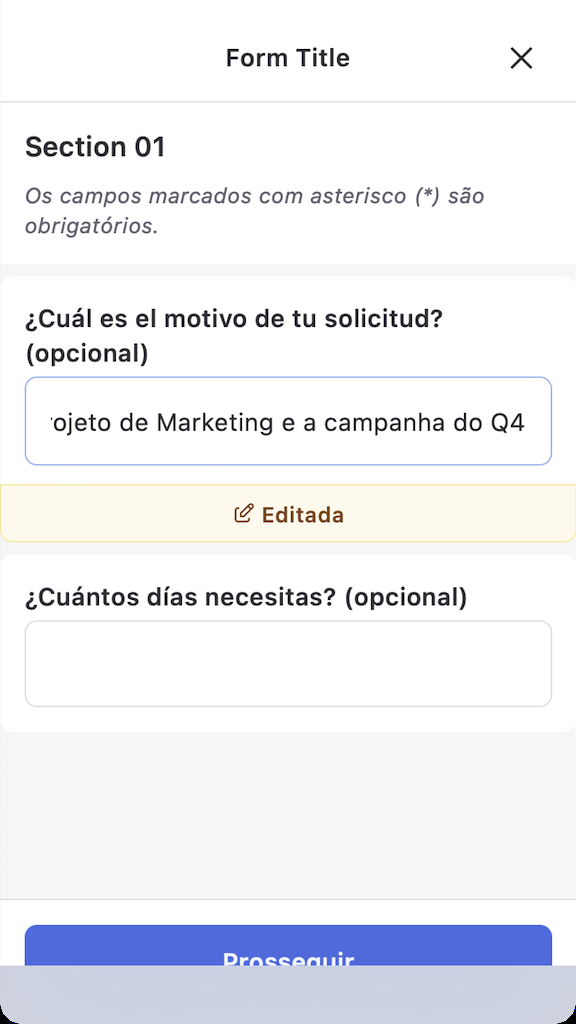 Formulário em modo de edição com uma resposta alterada marcada com o selo Editada