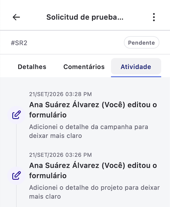 Detalhe da solicitação com a edição registrada na seção Atividade