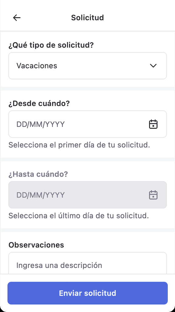 Formulario de solicitud de vacaciones en Humand App con tipo de solicitud, fechas y observaciones completos