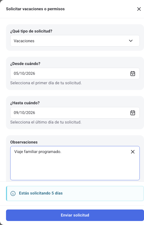 Formulario de solicitud de vacaciones en Humand Web con tipo de solicitud, fechas y observaciones completos
