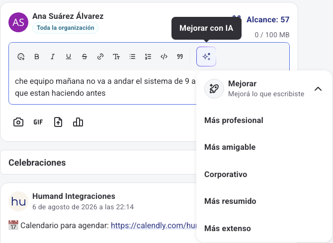 Editor de una publicación del Muro con el menú Mejorar abierto y las cinco opciones de tono y extensión