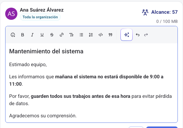 Editor con el texto reescrito por la IA y los botones Deshacer y Rehacer junto al botón de IA