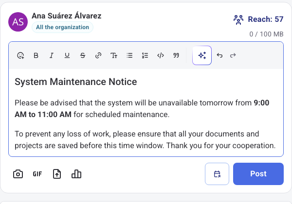 Editor with the text rewritten by AI and the Undo and Redo buttons next to the AI button