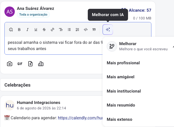 Editor de uma publicação do Mural com o menu Melhorar aberto e as cinco opções de tom e extensão