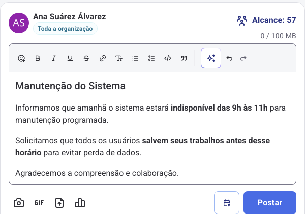 Editor com o texto reescrito pela IA e os botões Desfazer e Refazer ao lado do botão de IA