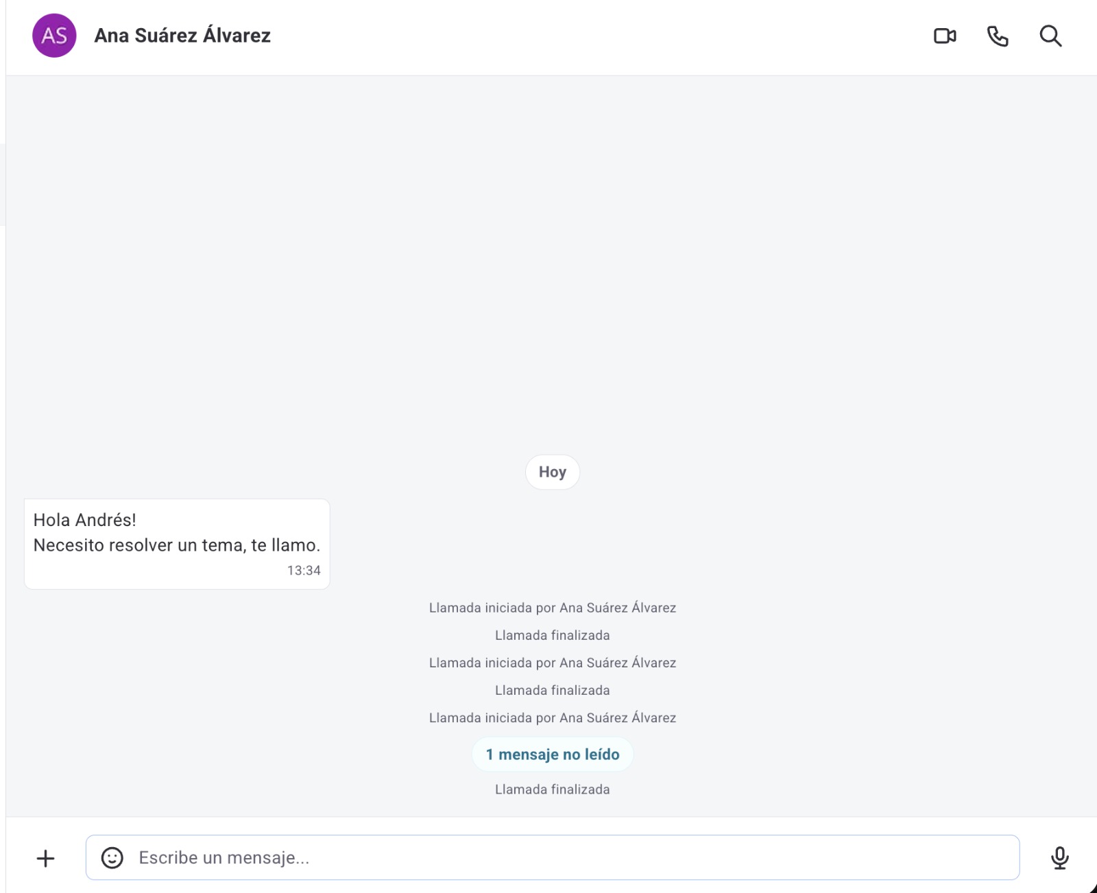 Encabezado de un chat en Humand Web con los íconos de video, teléfono y buscar