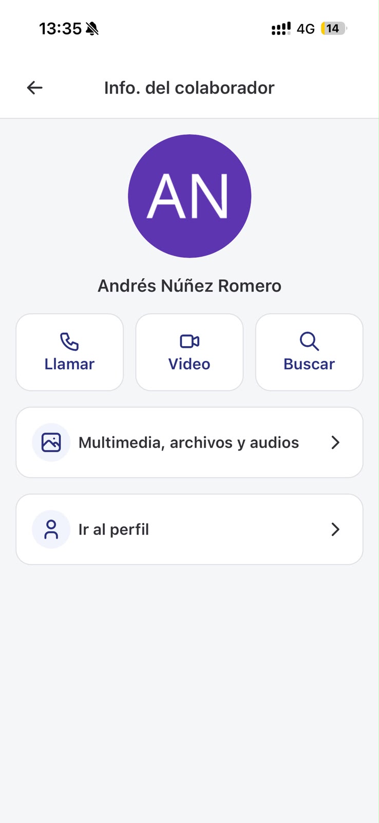 Opciones de un chat en la app mobile con los botones Llamar, Video y Buscar