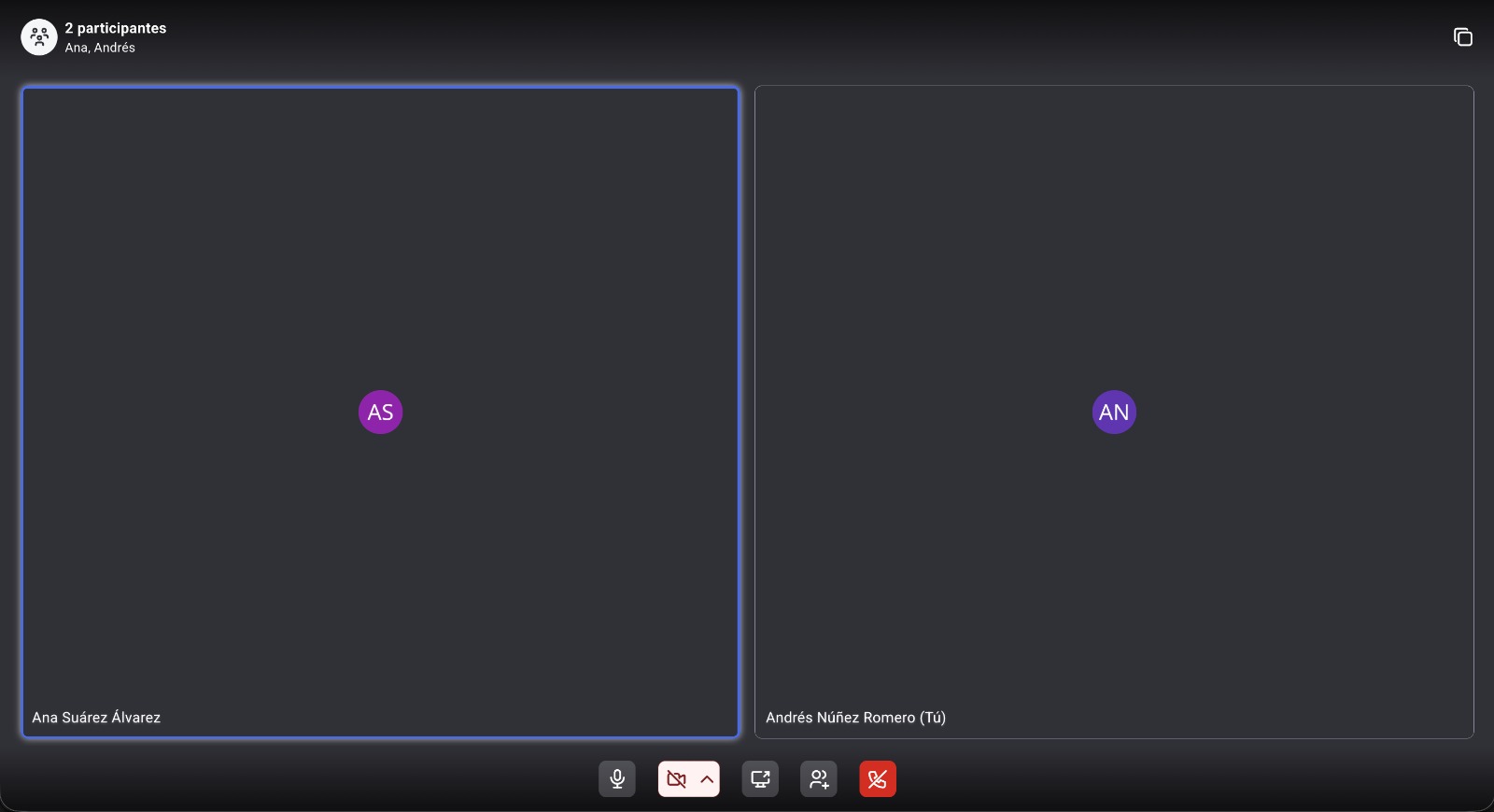 Videollamada en curso en Humand Web con dos participantes y la barra de controles inferior