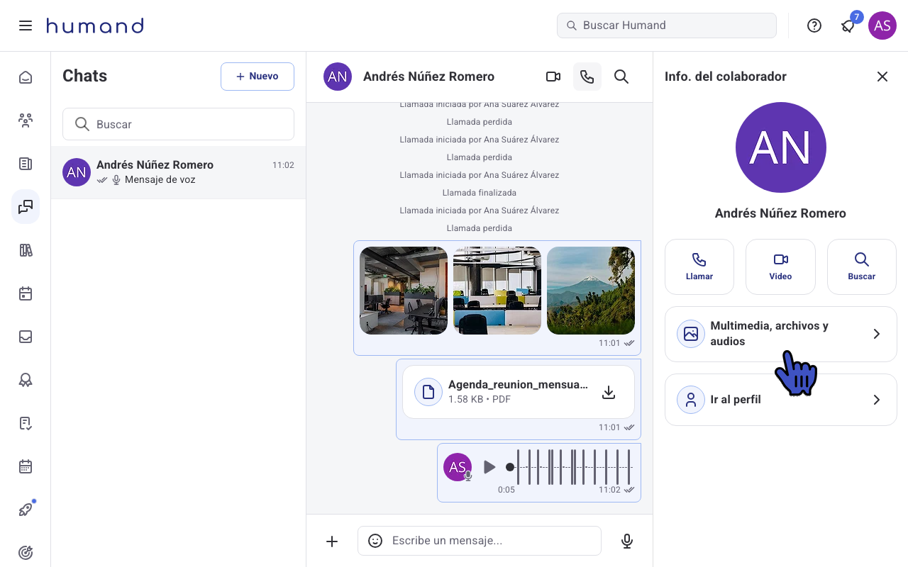 Panel Info. del colaborador en Humand Web con la opción Multimedia, archivos y audios señalada