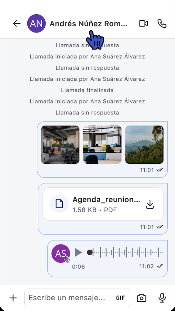 Conversación en la app mobile con el nombre del colaborador señalado en el encabezado