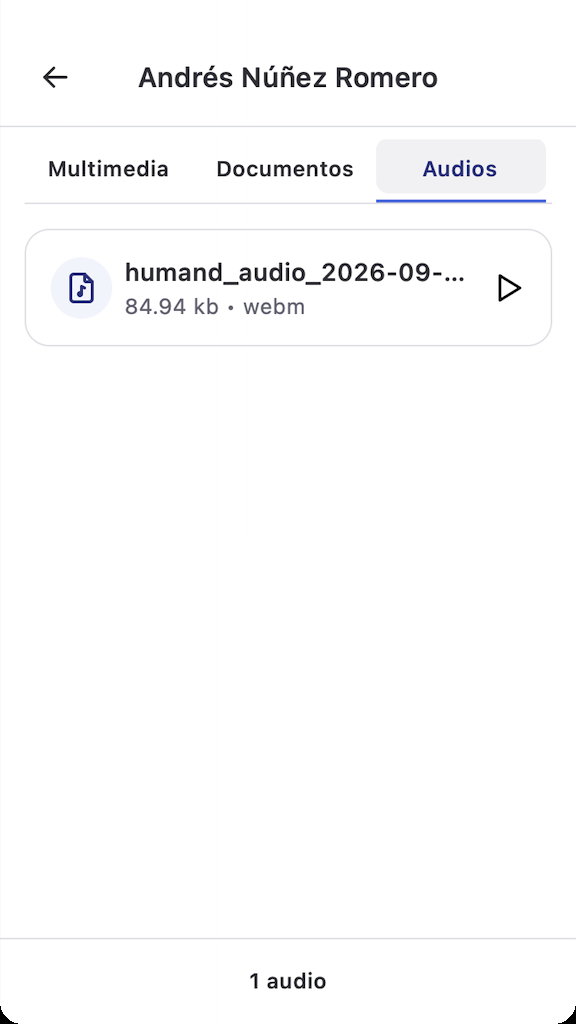 Pestaña Audios de la galería en la app mobile con una nota de voz