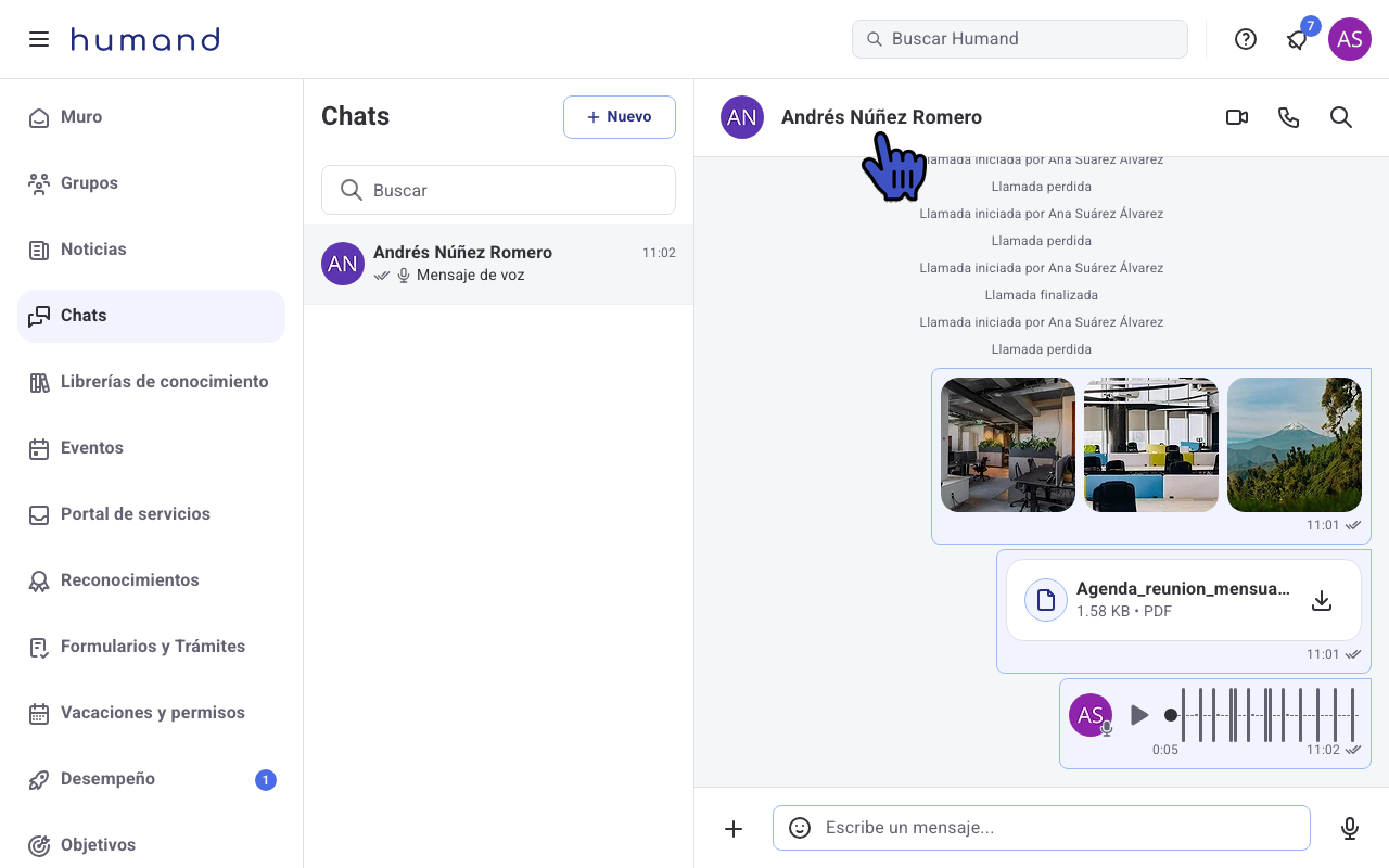 Conversación en Humand Web con el nombre del colaborador señalado en el encabezado