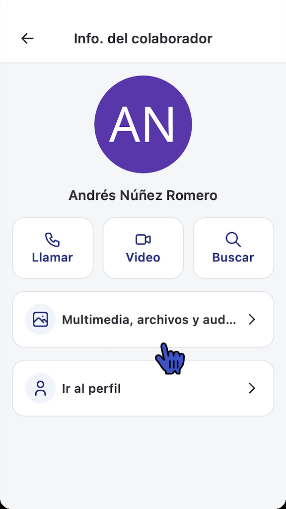 Pantalla Info. del colaborador en la app mobile con la opción Multimedia, archivos y audios señalada