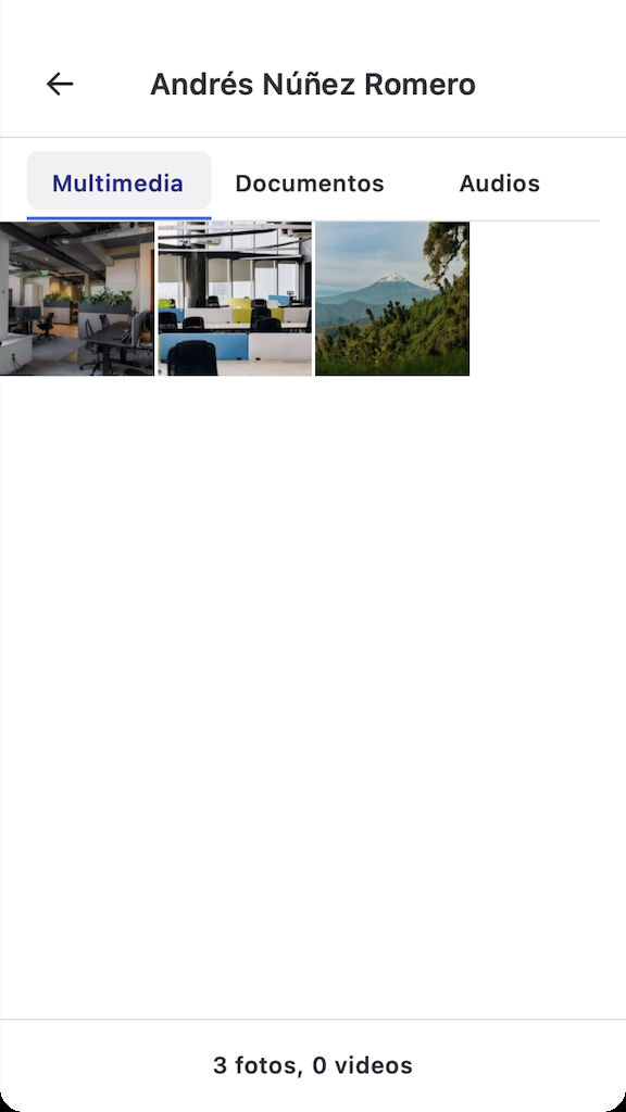 Pestaña Multimedia de la galería en la app mobile con tres fotos compartidas