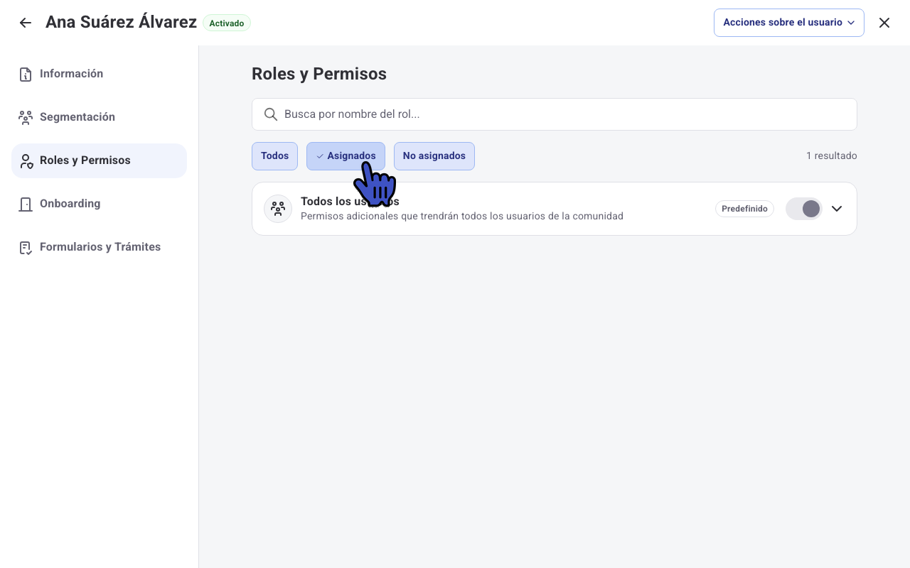 Filtro Asignados aplicado en la pestaña Roles y Permisos