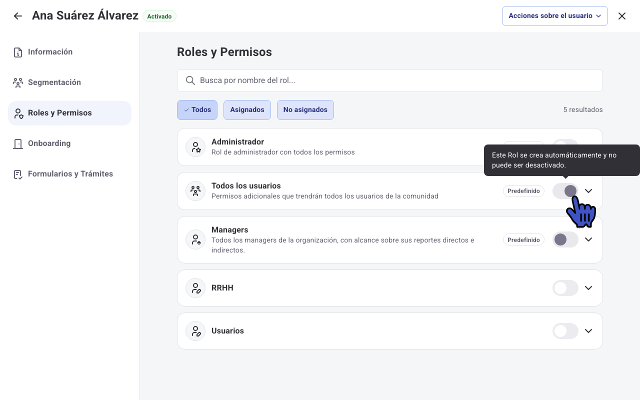 Mensaje al pasar el cursor sobre el interruptor del rol Todos los usuarios