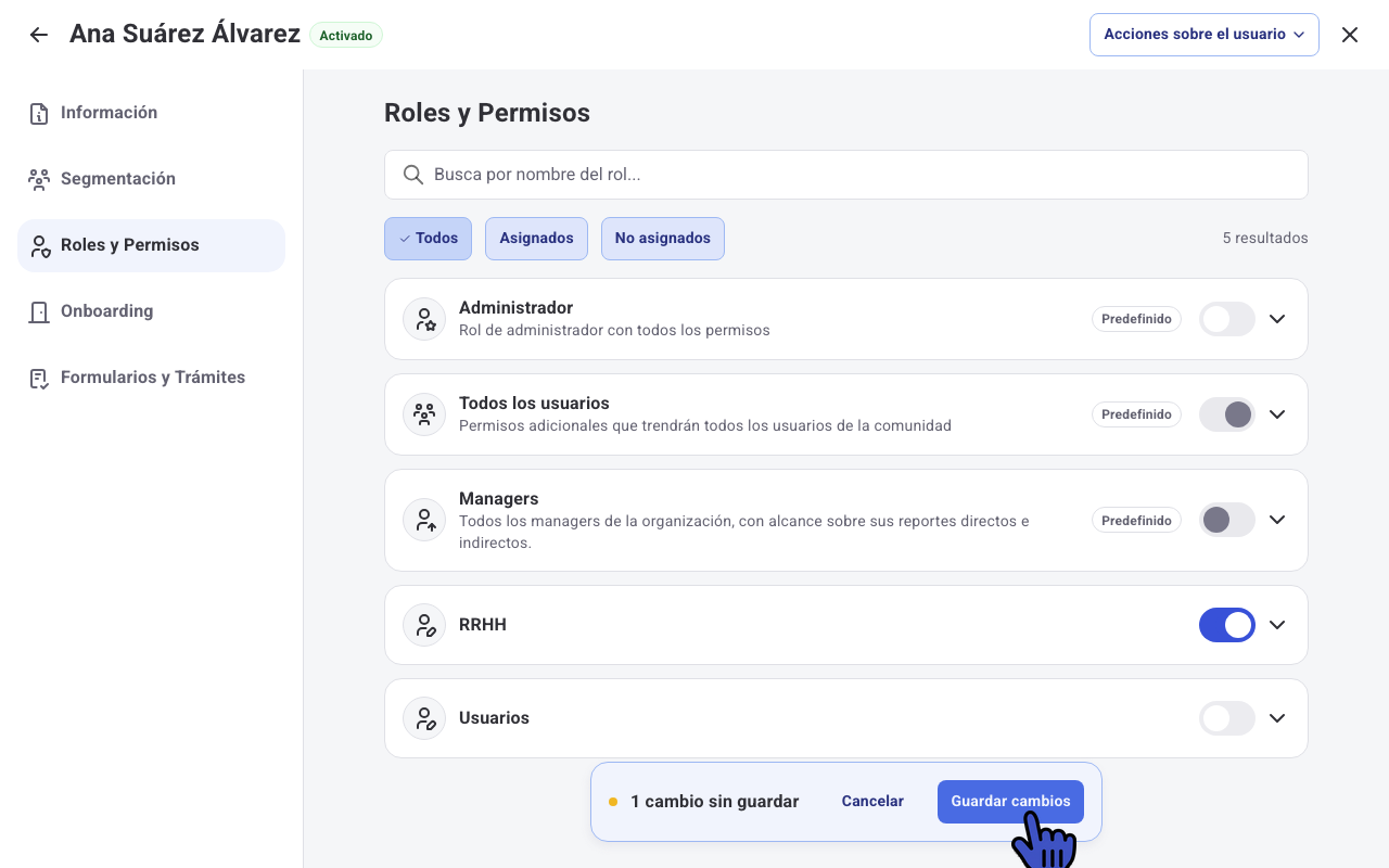 Interruptor del rol RRHH activado y barra con 1 cambio sin guardar y botón Guardar cambios