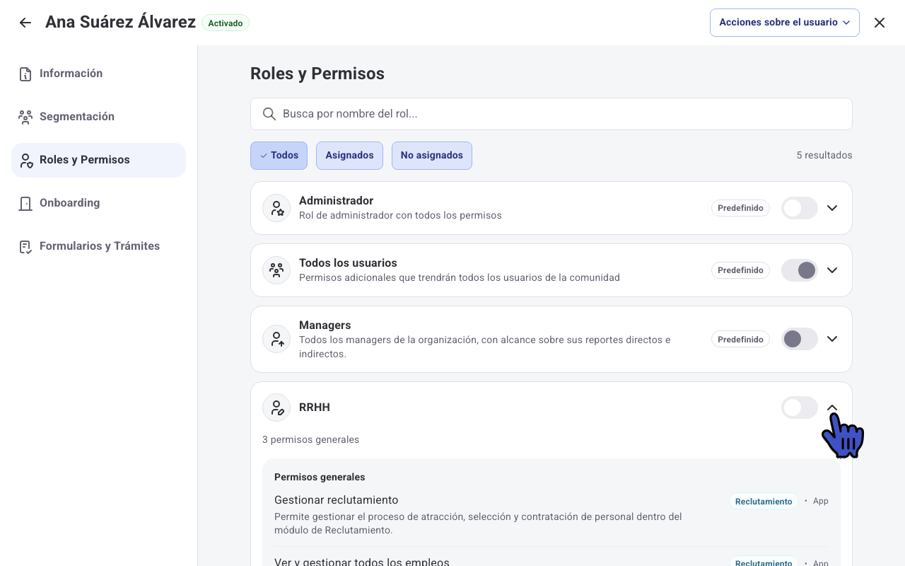 Rol RRHH desplegado con su listado de permisos generales