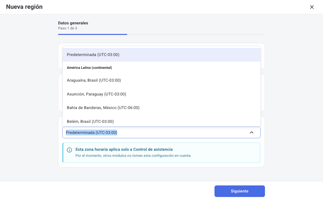 Listado desplegable de zonas horarias en el formulario de Nueva región