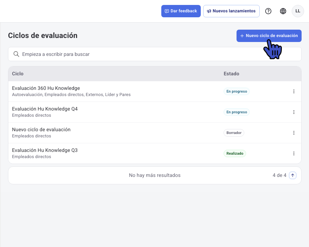 Listado de Ciclos de evaluación con el botón Nuevo ciclo de evaluación
