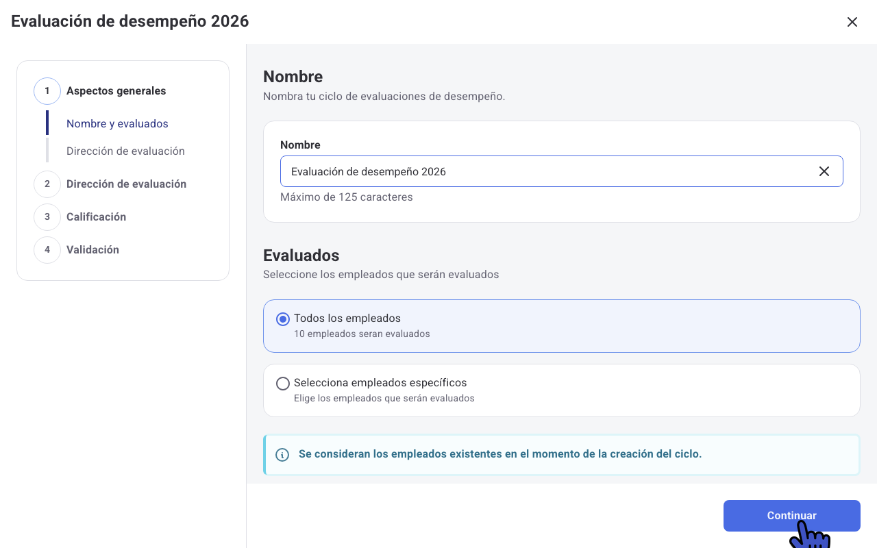 Paso Nombre y evaluados del nuevo ciclo de evaluación
