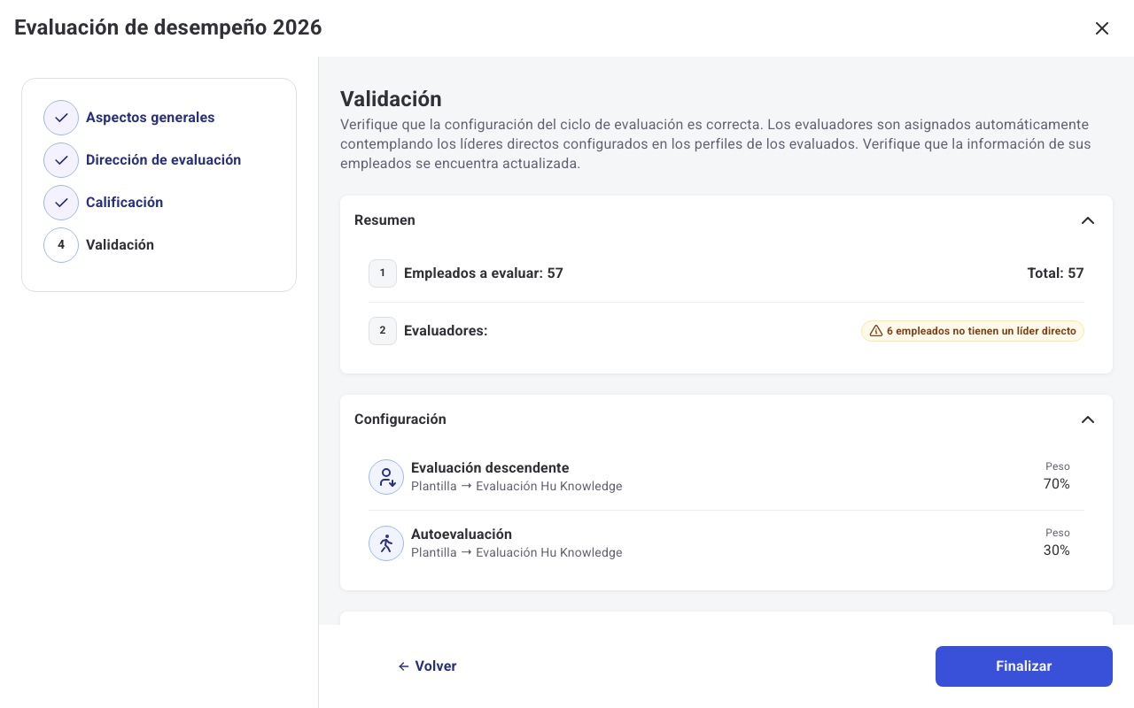 Paso Validación con el resumen de empleados a evaluar y la configuración de cada dirección