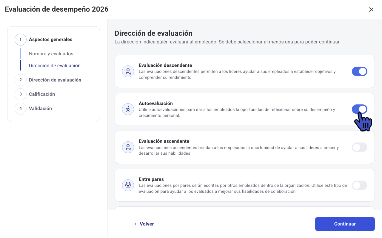 Paso Dirección de evaluación con Evaluación descendente y Autoevaluación activadas