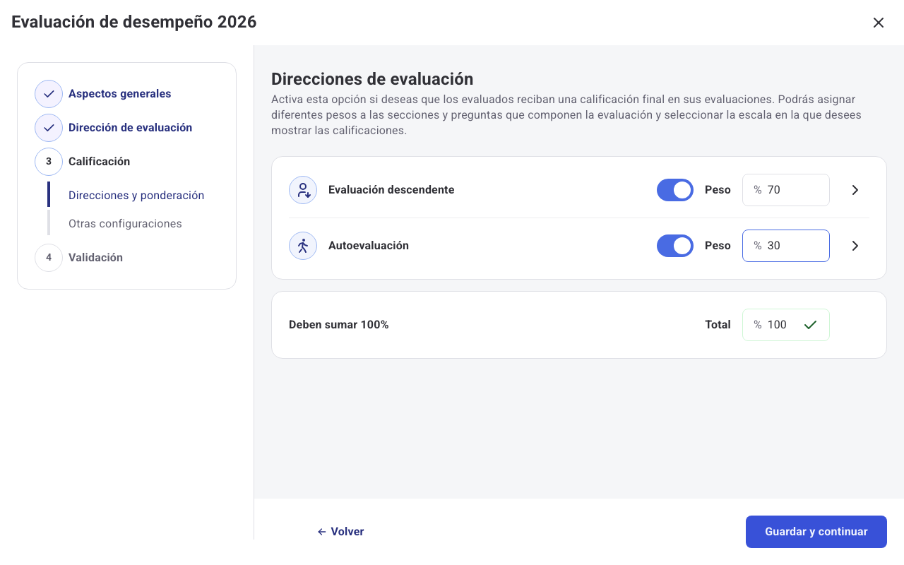 Paso Direcciones y ponderación con Evaluación descendente al 70% y Autoevaluación al 30%